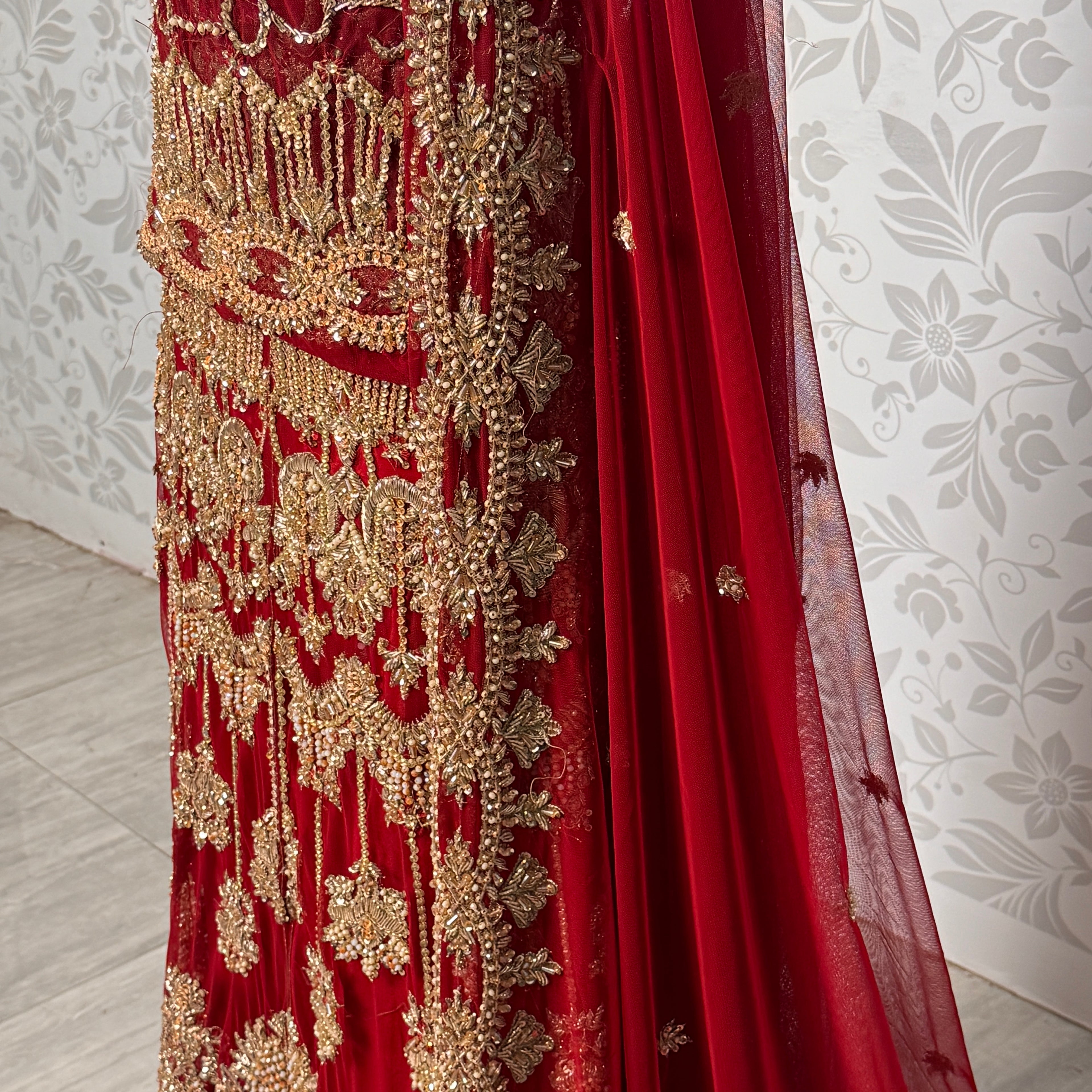 Wedding lehenga hand work BL033 lehenga front view – deep anari red velvet with dabka kora nakshi and jewelry embroidery full skirt Pakistan
