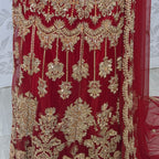 Wedding lehenga hand work BL033 lehenga front view – deep anari red velvet with dabka kora nakshi and jewelry embroidery full skirt Pakistan
