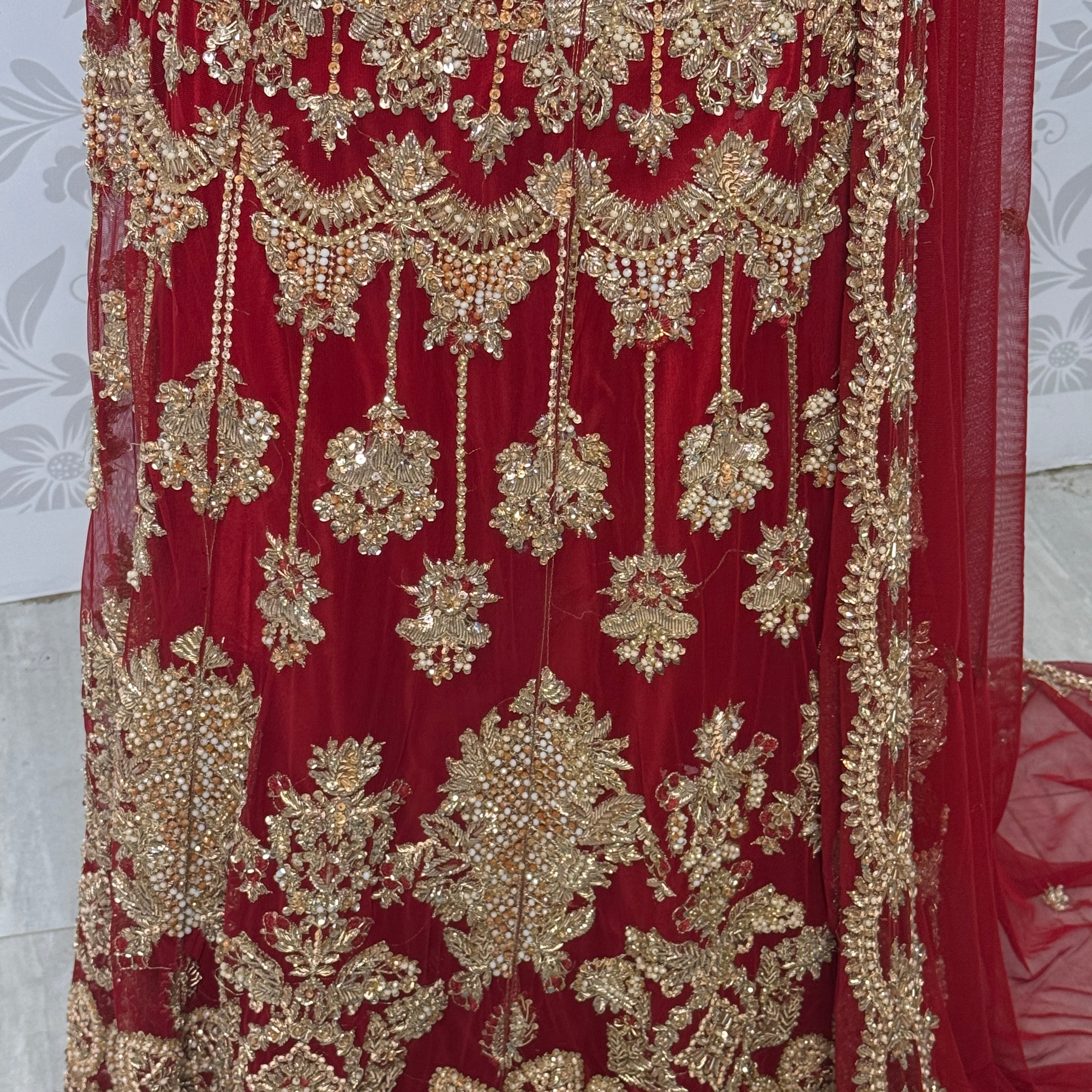 Wedding lehenga hand work BL033 lehenga front view – deep anari red velvet with dabka kora nakshi and jewelry embroidery full skirt Pakistan
