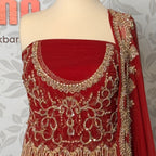 Bridal lehenga hand work shirt front view BL033 – deep anari red velvet with dabka kora nakshi and jewelry embroidery bridal Pakistan
