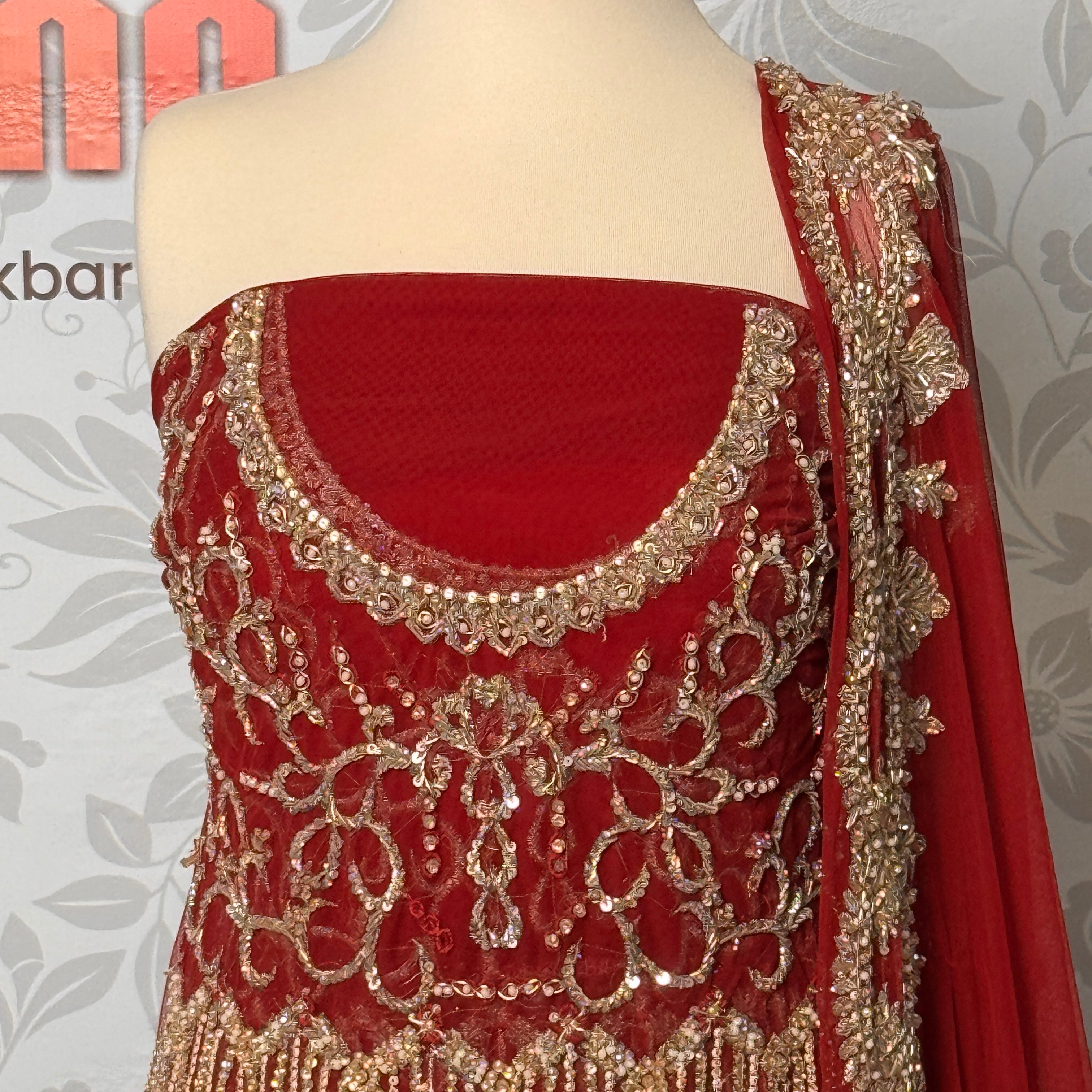 Bridal lehenga hand work shirt front view BL033 – deep anari red velvet with dabka kora nakshi and jewelry embroidery bridal Pakistan

