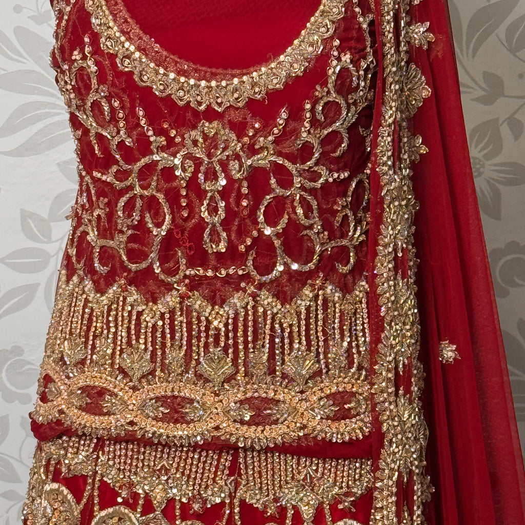 Bridal lehenga hand work shirt front view BL033 – deep anari red velvet with dabka kora nakshi and jewelry embroidery bridal Pakistan
