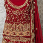 Bridal lehenga hand work shirt front view BL033 – deep anari red velvet with dabka kora nakshi and jewelry embroidery bridal Pakistan
