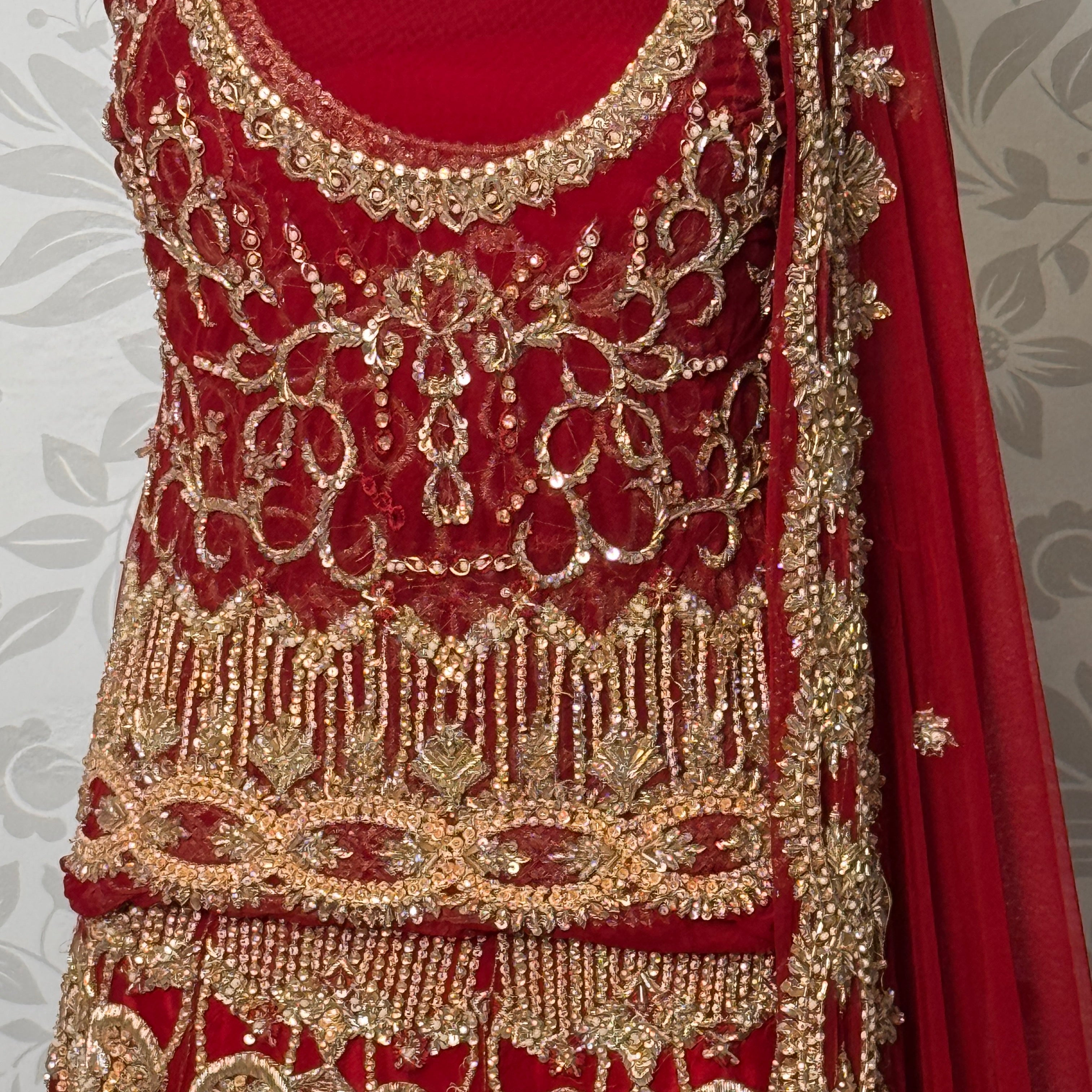 Bridal lehenga hand work shirt front view BL033 – deep anari red velvet with dabka kora nakshi and jewelry embroidery bridal Pakistan
