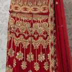 Wedding lehenga hand work BL033 lehenga front view – deep anari red velvet with dabka kora nakshi and jewelry embroidery full skirt Pakistan
