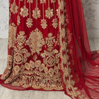 Wedding lehenga hand work BL033 lehenga front view – deep anari red velvet with dabka kora nakshi and jewelry embroidery full skirt Pakistan
