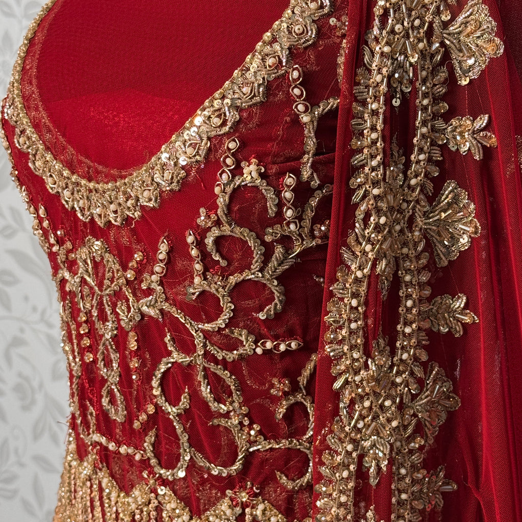 Bridal lehenga hand work shirt front view BL033 – deep anari red velvet with dabka kora nakshi and jewelry embroidery bridal Pakistan

