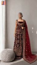 Bridal lehenga hand work BL030 full view – maroon velvet with kora resham jewelry embroidery and net dupatta Pakistani wedding lehenga
