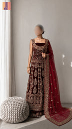 Bridal lehenga hand work BL030 full view – maroon velvet with kora resham jewelry embroidery and net dupatta Pakistani wedding lehenga
