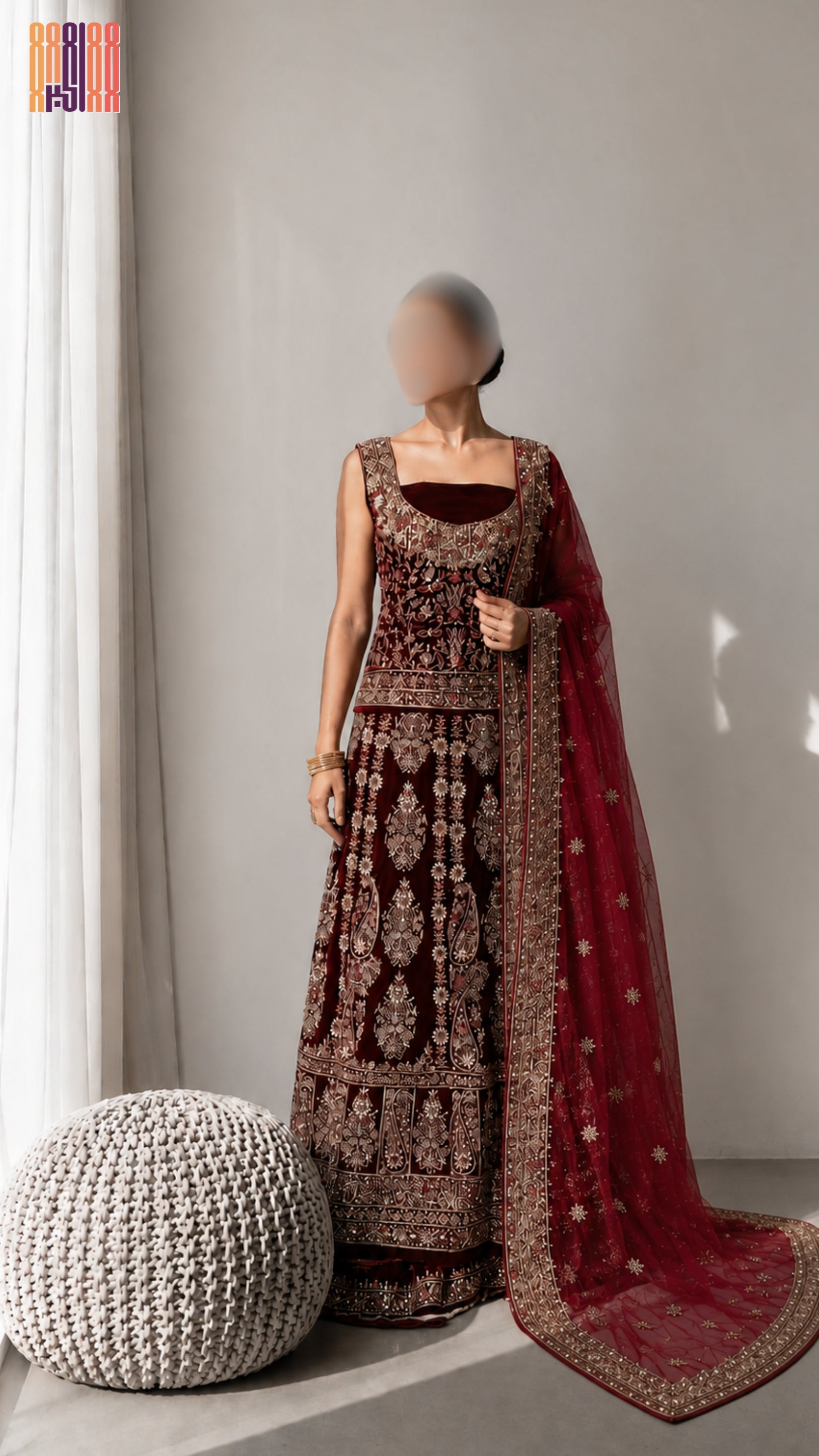 Bridal lehenga hand work BL030 full view – maroon velvet with kora resham jewelry embroidery and net dupatta Pakistani wedding lehenga
