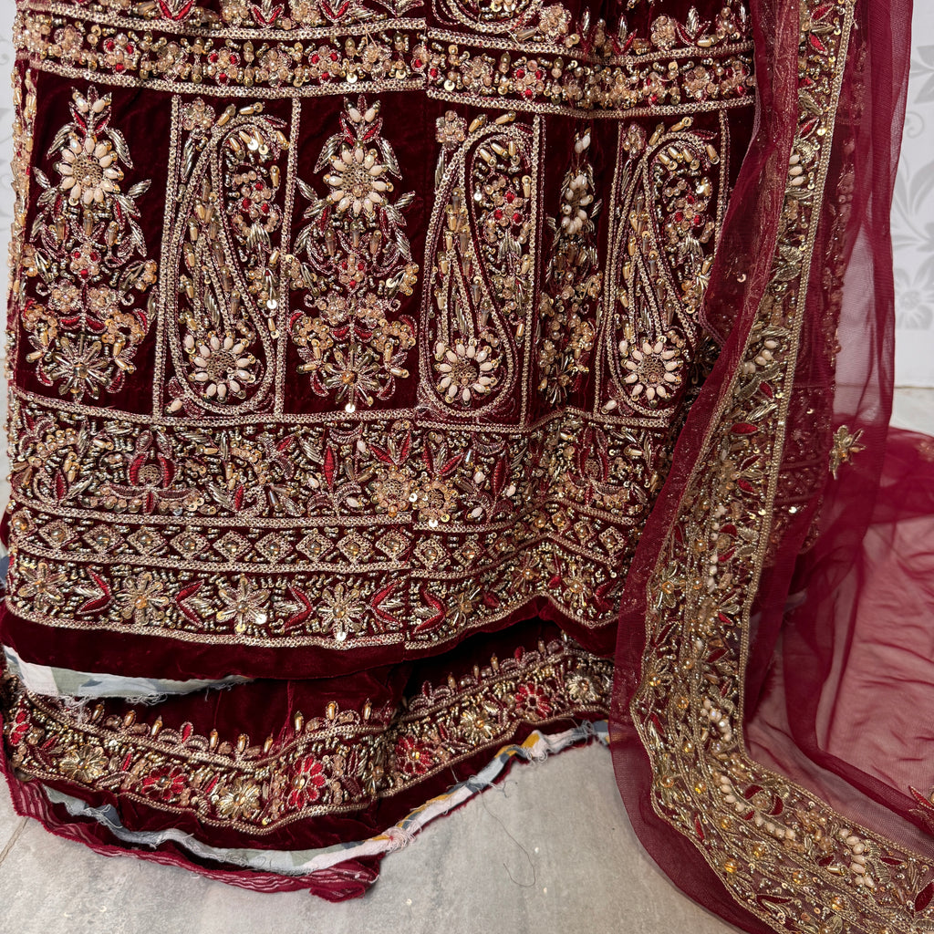 Bridal lehenga hand work BL030 lehenga back view – maroon velvet with kora resham jewelry work and double border Pakistan
