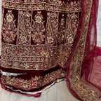 Bridal lehenga hand work BL030 lehenga back view – maroon velvet with kora resham jewelry work and double border Pakistan
