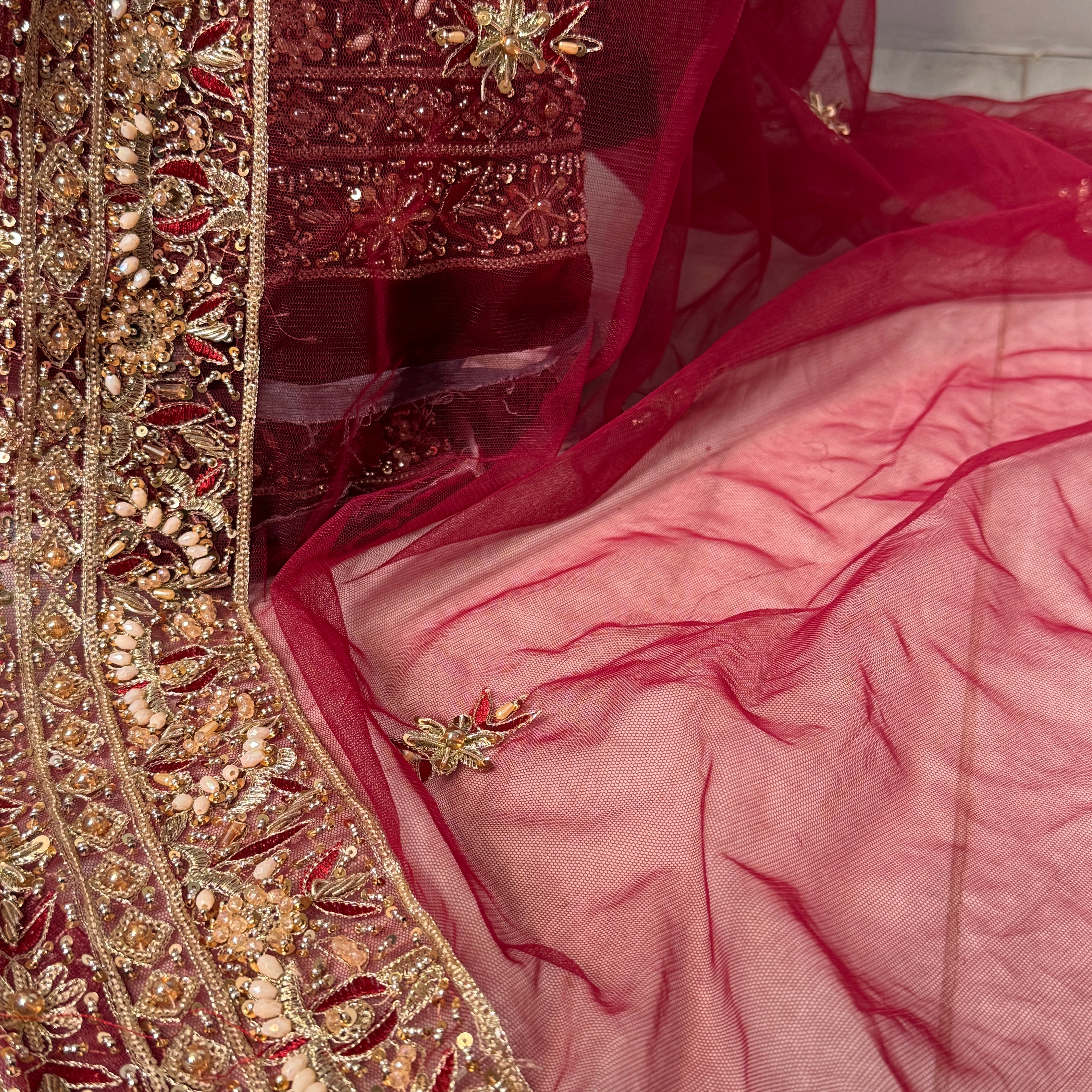 Bridal lehenga online Pakistan BL030 net dupatta – maroon with heavy matha patti border and light three-side border wedding lehenga
