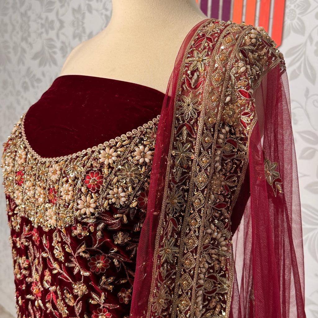 Bridal lehenga online Pakistan BL030 net dupatta – maroon with heavy matha patti border and light three-side border wedding lehenga
