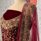 Bridal lehenga online Pakistan BL030 net dupatta – maroon with heavy matha patti border and light three-side border wedding lehenga
