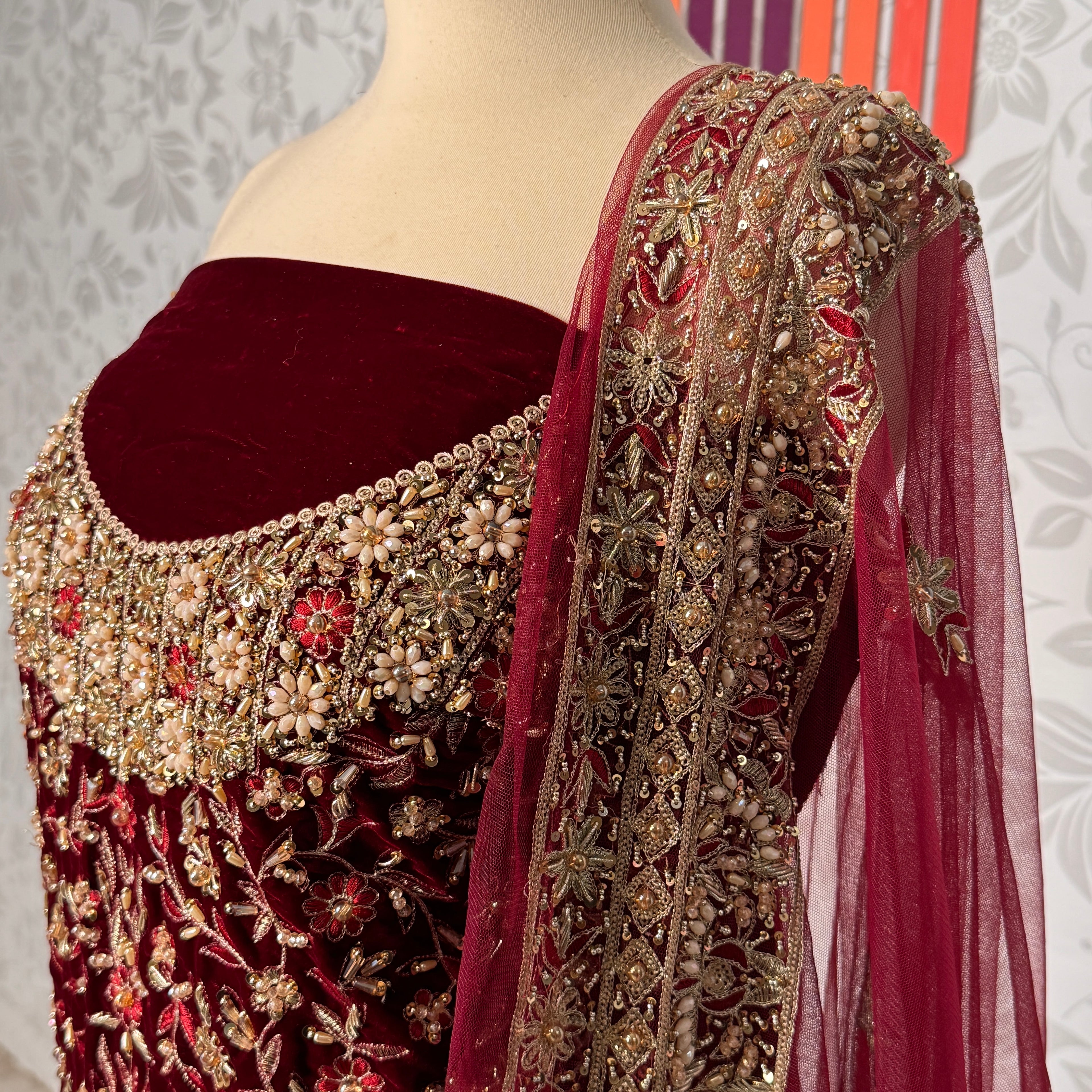 Bridal lehenga online Pakistan BL030 net dupatta – maroon with heavy matha patti border and light three-side border wedding lehenga

