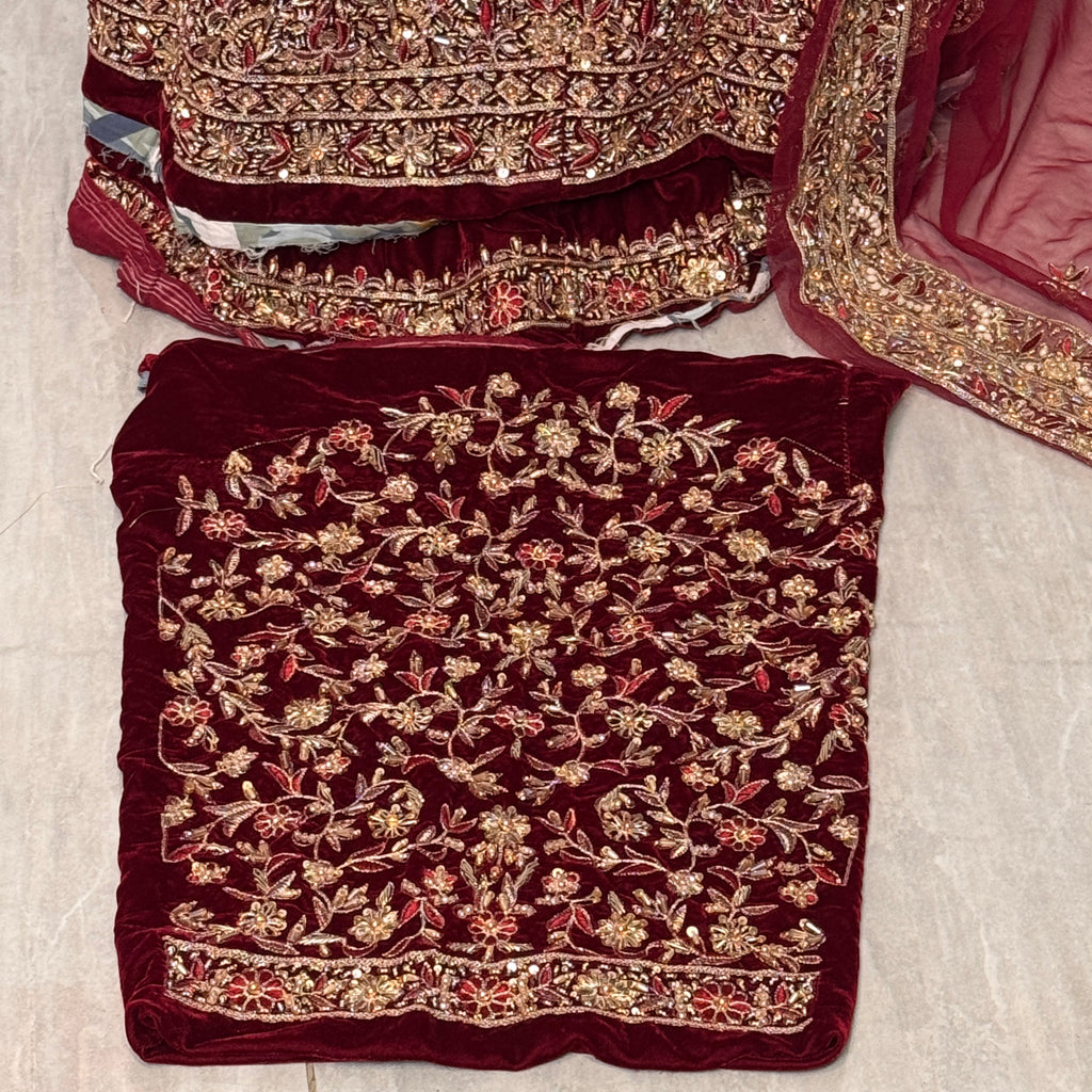 Bridal lehenga hand work BL030 sleeves detail – heavy hand work on maroon velvet bridal lehenga Pakistan
