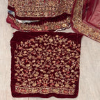 Bridal lehenga hand work BL030 sleeves detail – heavy hand work on maroon velvet bridal lehenga Pakistan
