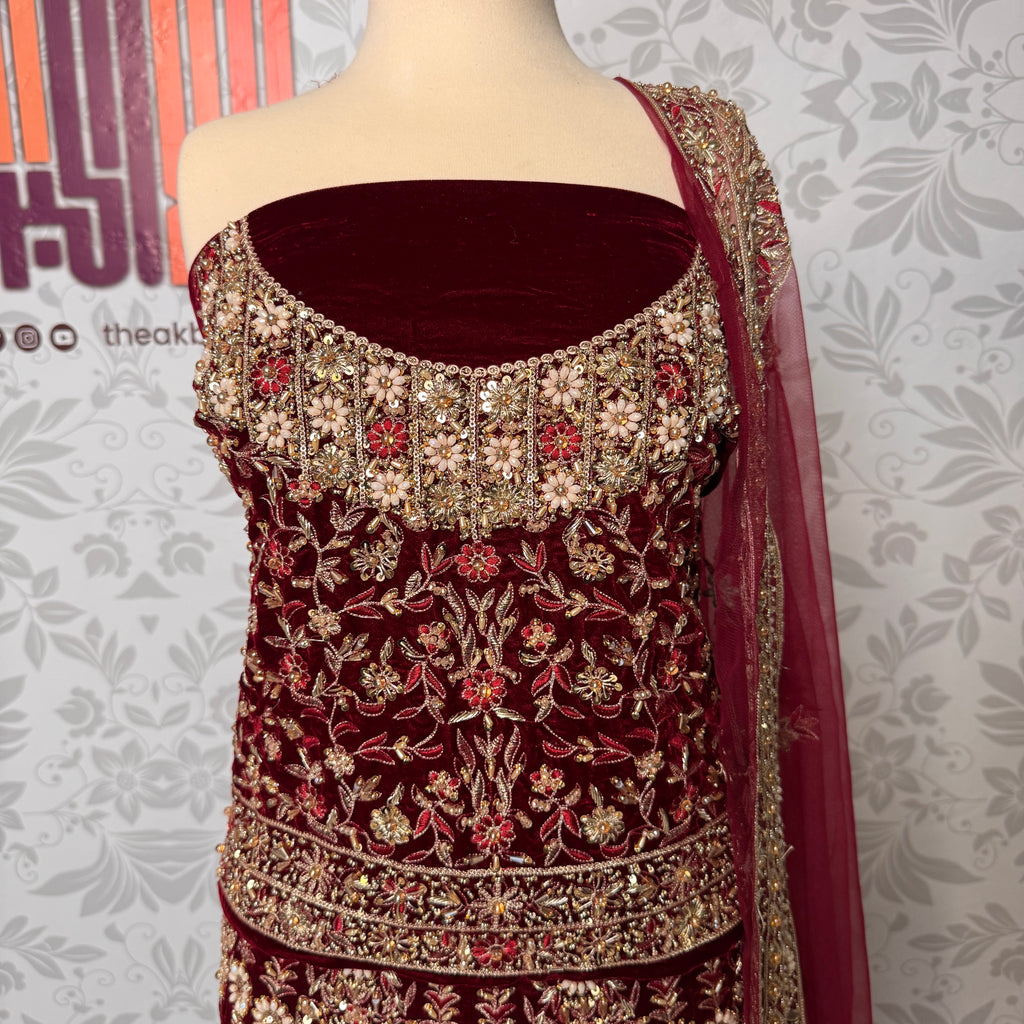 Bridal lehenga hand work shirt view BL030 – maroon velvet shirt with kora resham and jewelry embroidery bridal Pakistan
