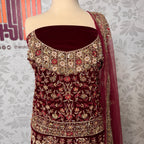 Bridal lehenga hand work shirt view BL030 – maroon velvet shirt with kora resham and jewelry embroidery bridal Pakistan
