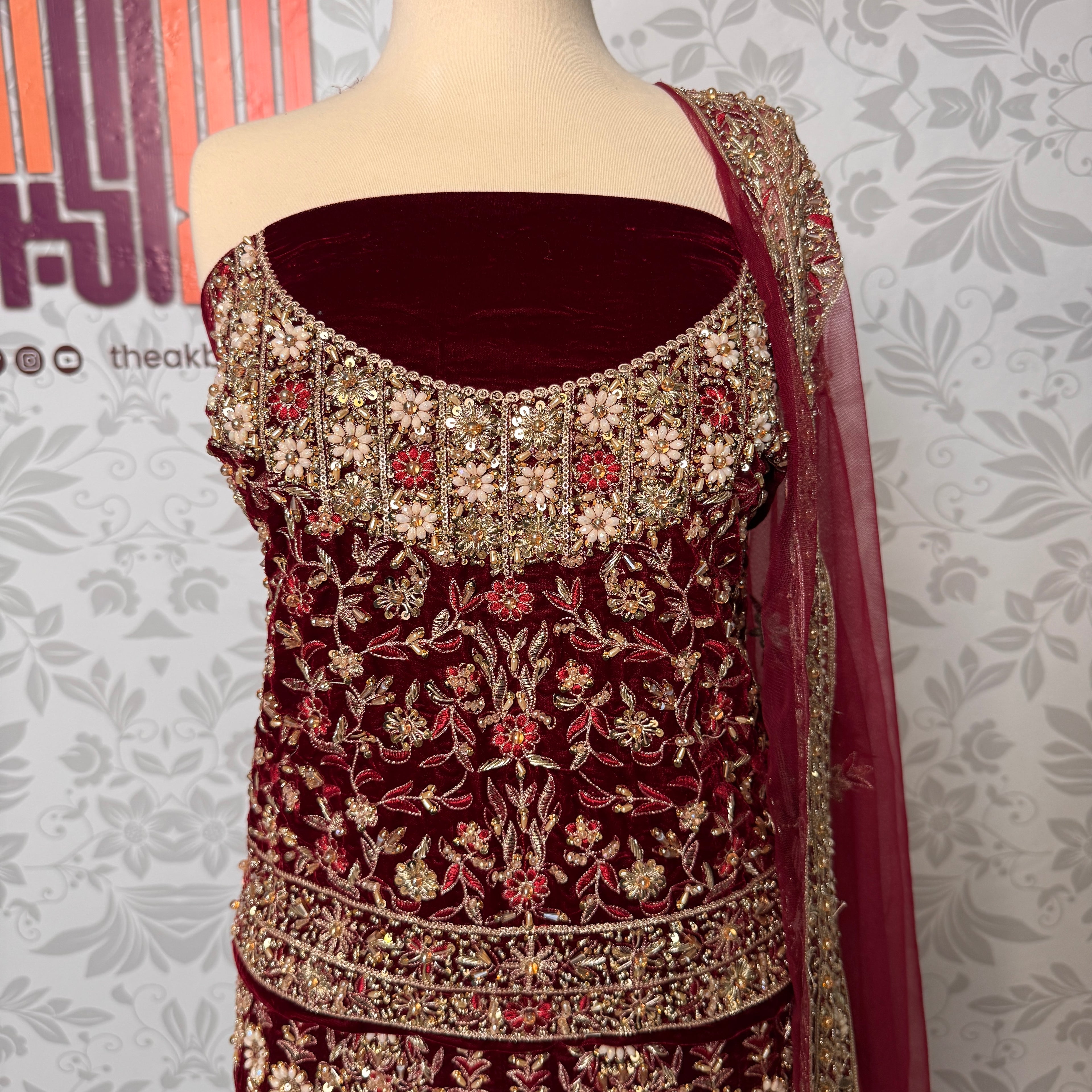 Bridal lehenga hand work shirt view BL030 – maroon velvet shirt with kora resham and jewelry embroidery bridal Pakistan
