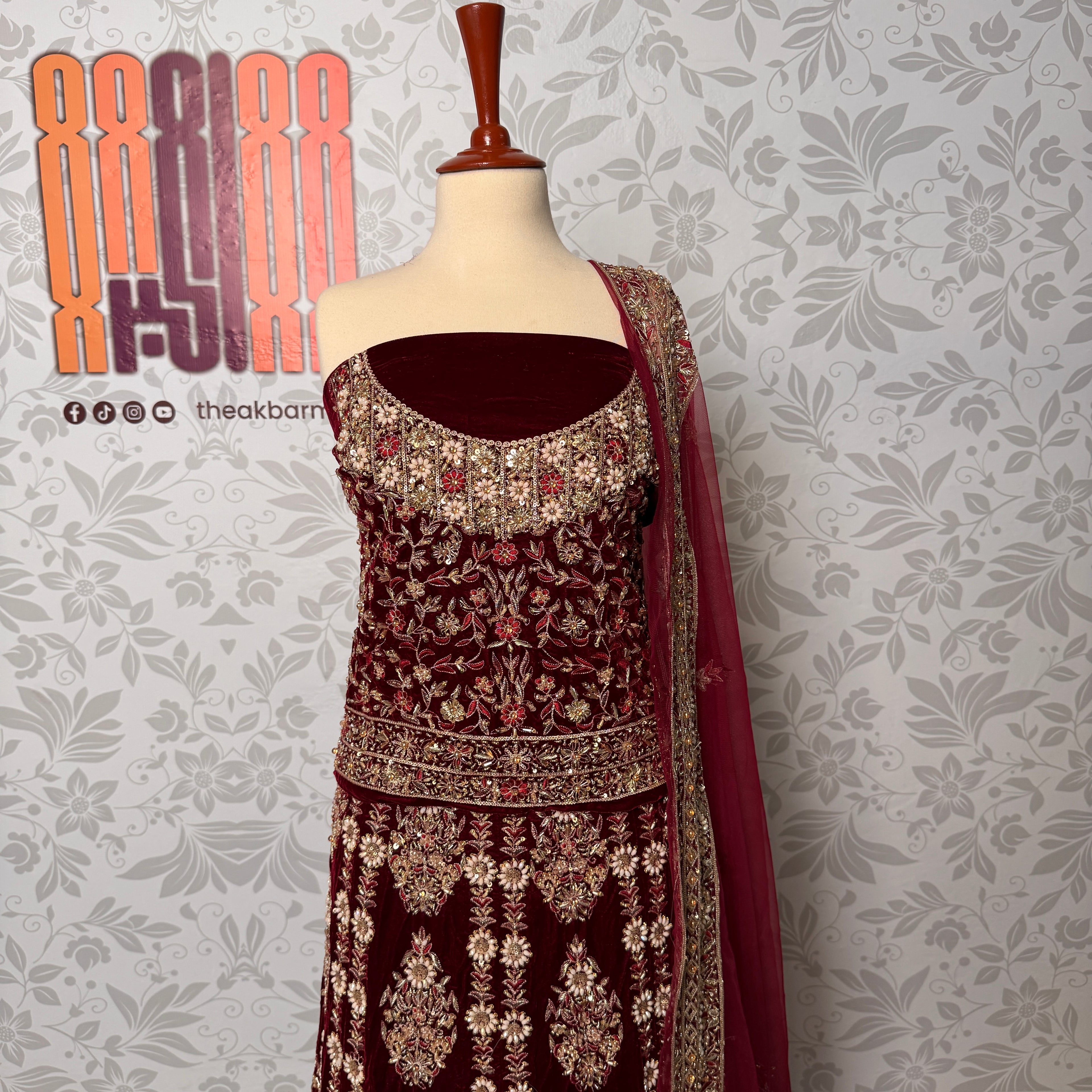 Bridal lehenga hand work shirt view BL030 – maroon velvet shirt with kora resham and jewelry embroidery bridal Pakistan

