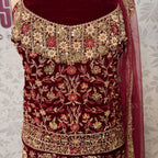Bridal lehenga Pakistani BL030 shirt close up – kora resham jewelry hand work detail on maroon velvet fabric

