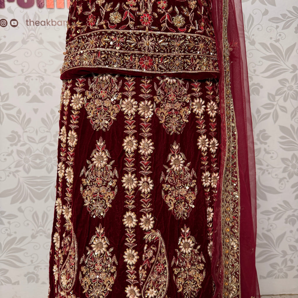 Wedding lehenga hand work BL030 lehenga front view – maroon velvet with kora resham and jewelry embroidery full skirt Pakistan

