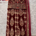 Wedding lehenga hand work BL030 lehenga front view – maroon velvet with kora resham and jewelry embroidery full skirt Pakistan
