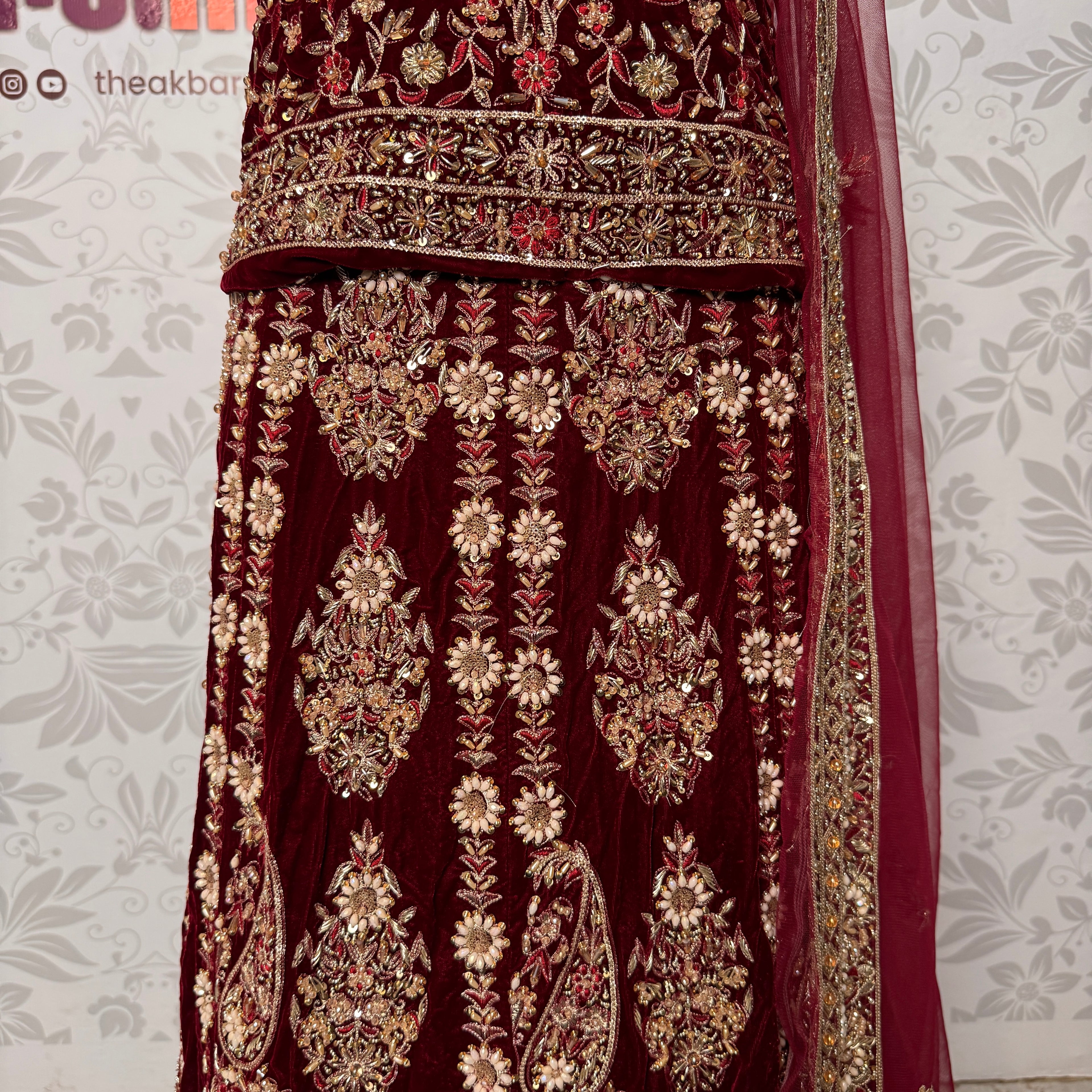 Wedding lehenga hand work BL030 lehenga front view – maroon velvet with kora resham and jewelry embroidery full skirt Pakistan
