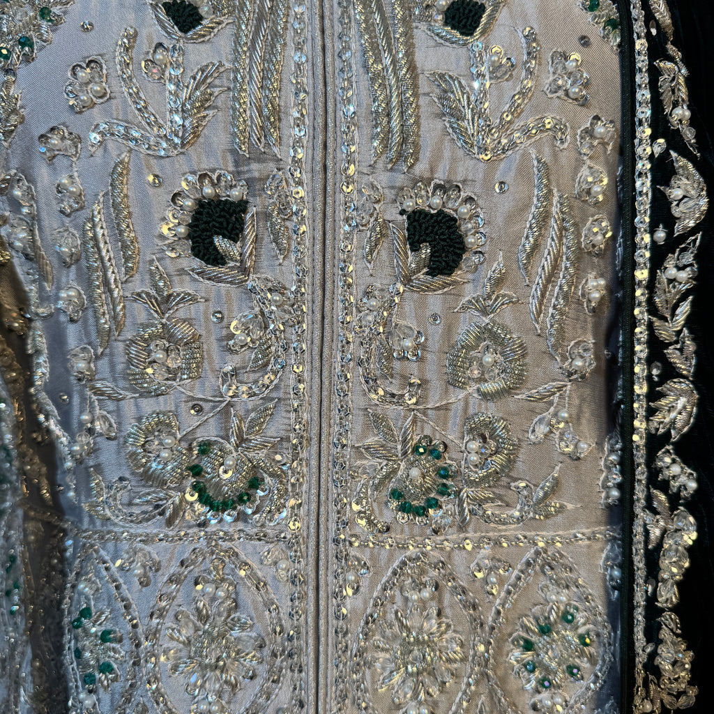 Bridal lehenga designs 2026 BL036 embroidery close up – dabka nakshi hand work tissue silk open maxi Pakistani bridal lehenga with price
