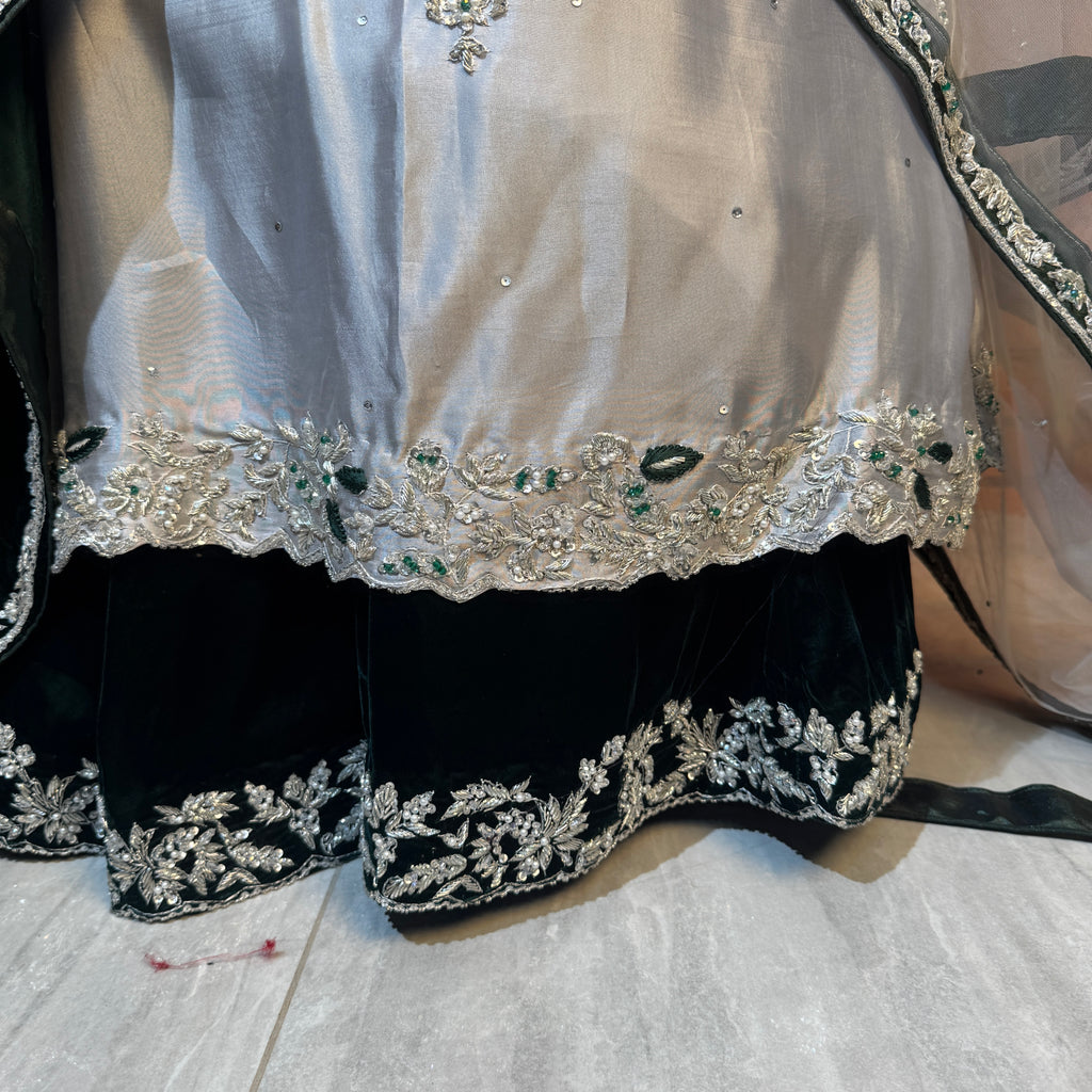 Bridal lehenga Pakistani BL036 back view – tissue silk open maxi velvet lehenga full back hand embroidery dabka nakshi 2026 bridal lehenga designs
