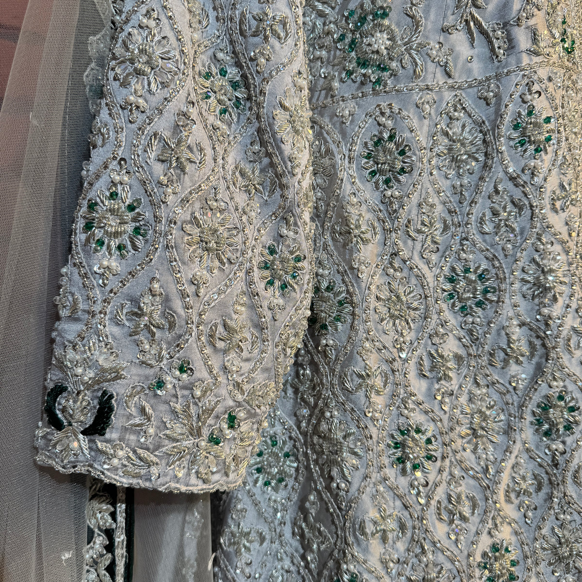 Bridal lehenga Pakistani BL036 sleeves view – heavy hand embroidery dabka nakshi tissue silk sleeves velvet bridal lehenga Pakistani 2026
