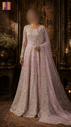 Bridal maxi BM022 full view – baby pink net with dabka and jewelry hand work Pakistani bridal maxi for barat
