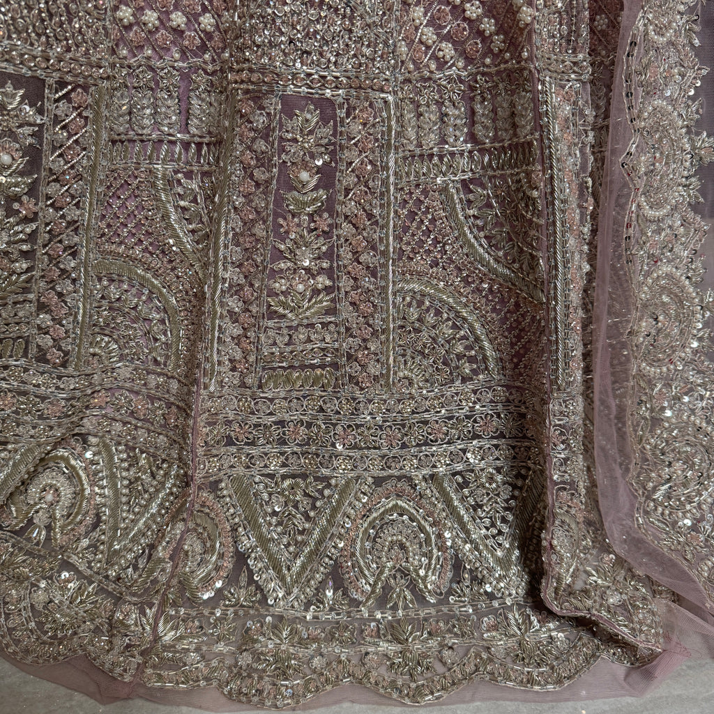 Bridal maxi for nikkah BM022 embroidery close up – dabka and jewelry hand work detail on baby pink net fabric
