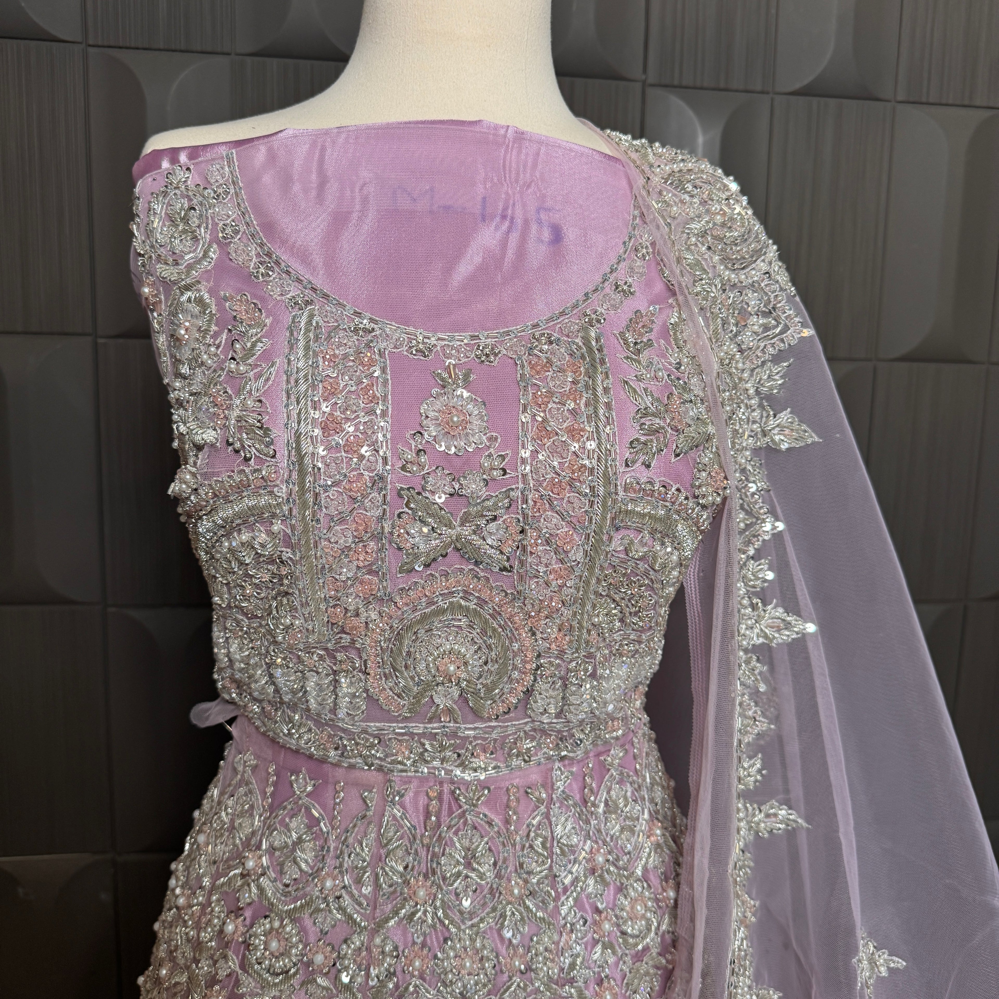 Bridal maxi for walima in Pakistan BM022 front view – baby pink net with dabka jewelry hand work double inner
