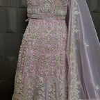 Bridal maxi for nikkah BM022 embroidery close up – dabka and jewelry hand work detail on baby pink net fabric
