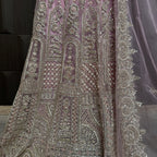 Bridal maxi for nikkah BM022 handwork bottom close up – dabka and jewelry hand work detail on baby pink net fabric
