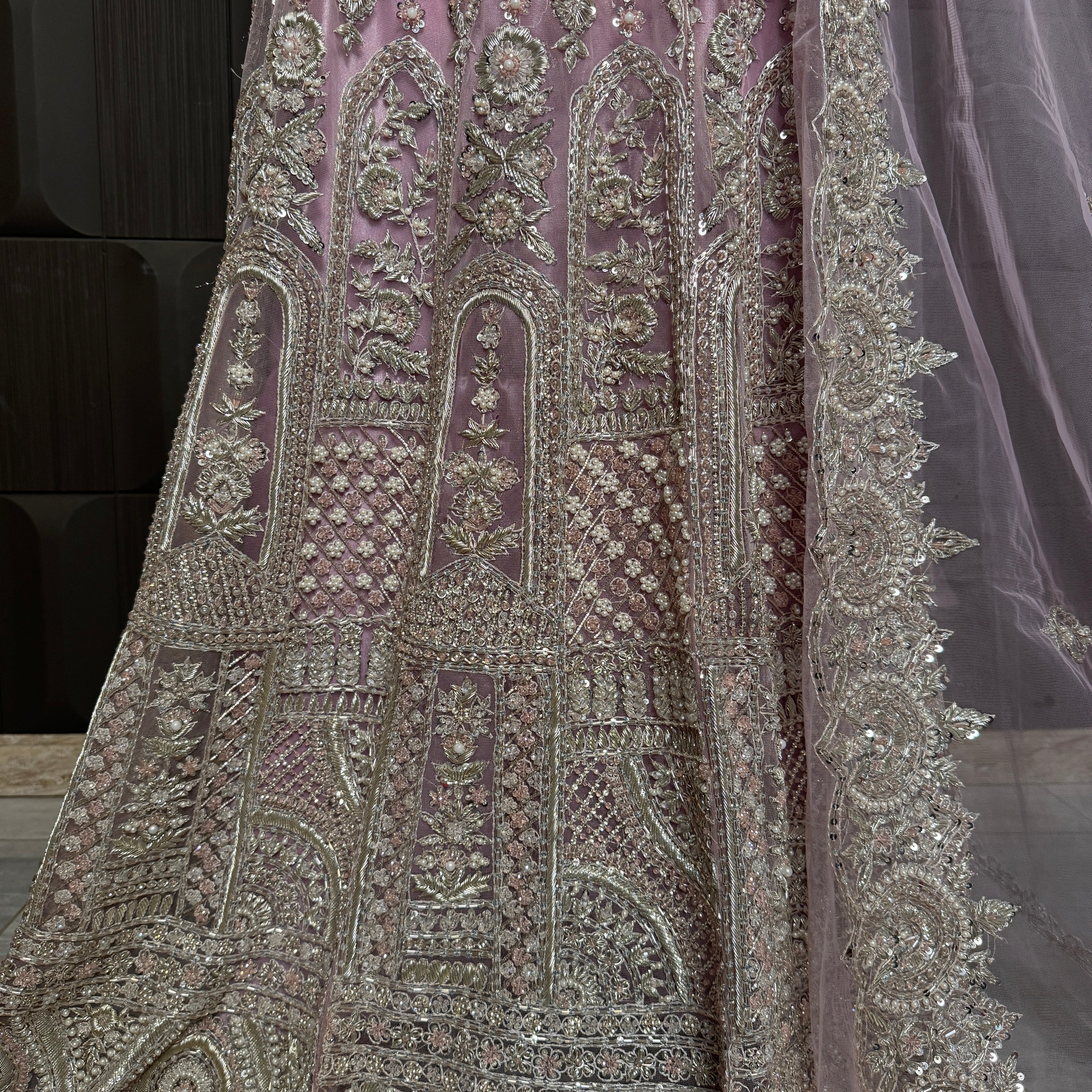 Bridal maxi for nikkah BM022 handwork bottom close up – dabka and jewelry hand work detail on baby pink net fabric
