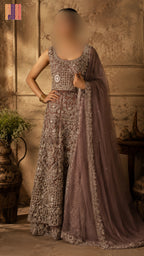 Bridal maxi BM015 full view – dark tea pink net with dabka jewelry hand work and double inner Pakistani wedding maxi dress
