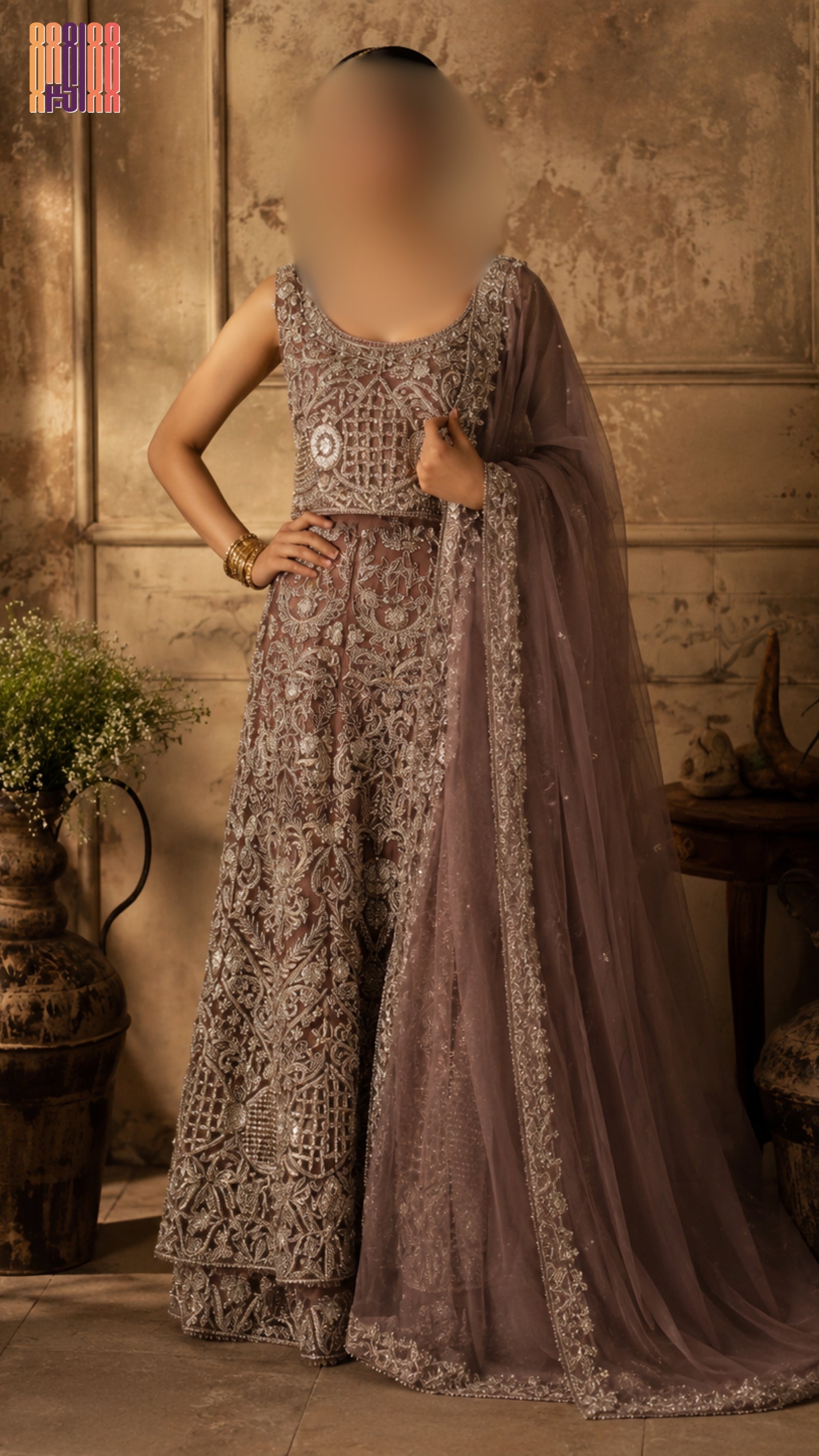 Bridal maxi BM015 full view – dark tea pink net with dabka jewelry hand work and double inner Pakistani wedding maxi dress
