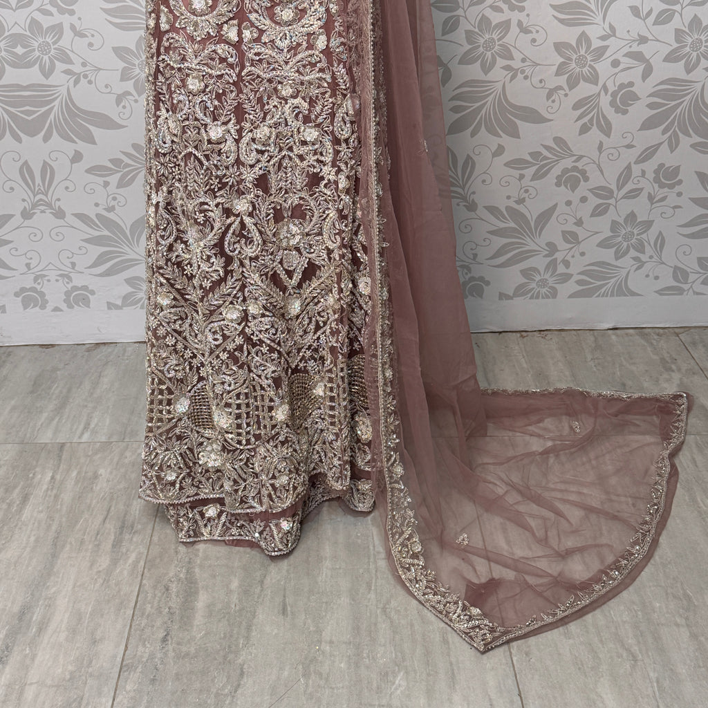Bridal maxi for nikkah BM015 double inner view – dark tea pink net with dabka jewelry embroidery and structured inner Pakistan
