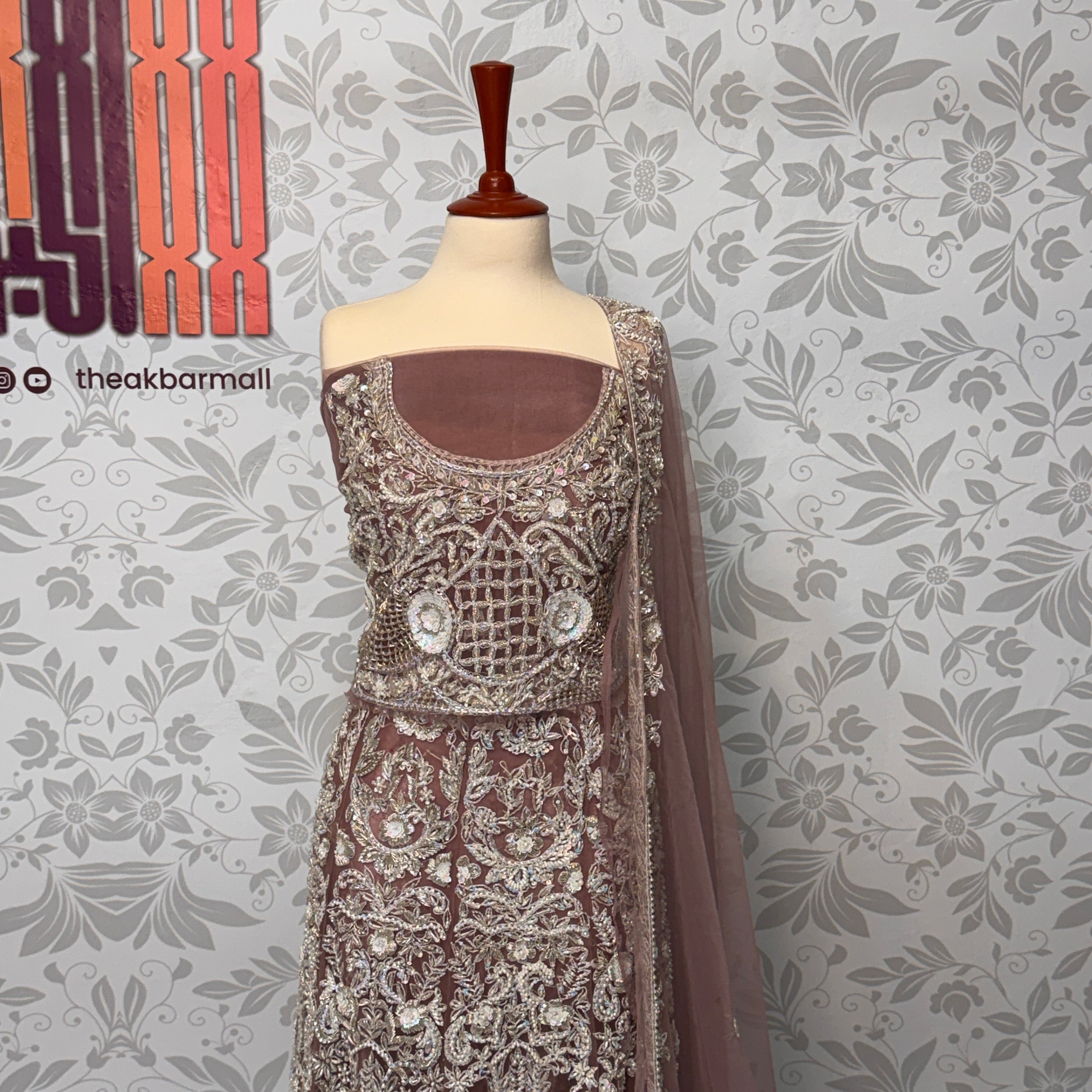 Bridal maxi for walima BM015 maxi view – dark tea pink net with dabka and jewelry embroidery bridal Pakistan
