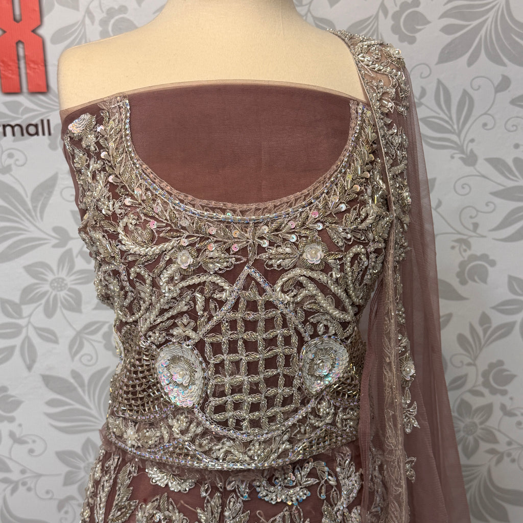 Bridal maxi for barat BM015 maxi close up – dabka jewelry hand work detail on dark tea pink net fabric
