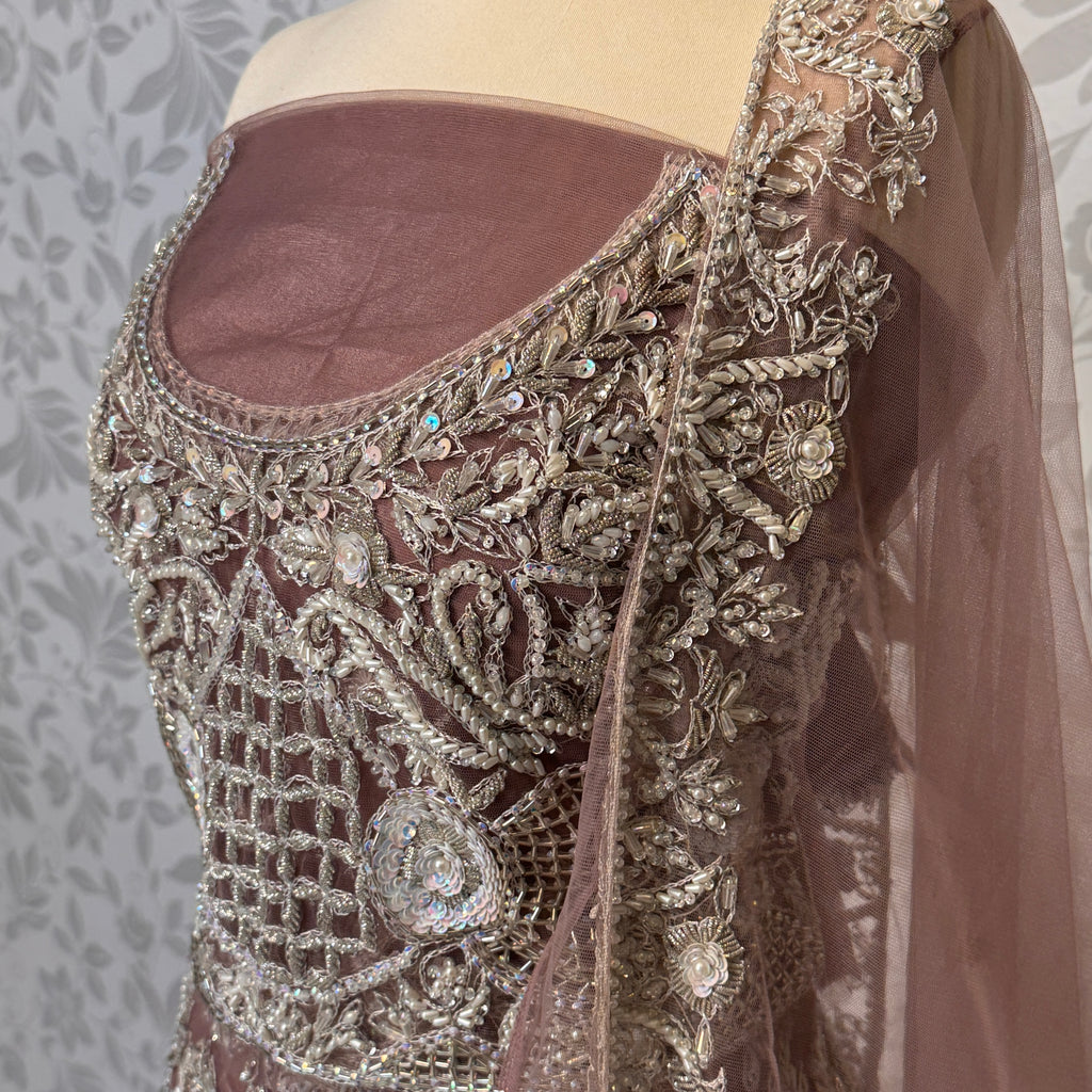 Bridal maxi for barat BM015 maxi close up – dabka jewelry hand work detail on dark tea pink net fabric
