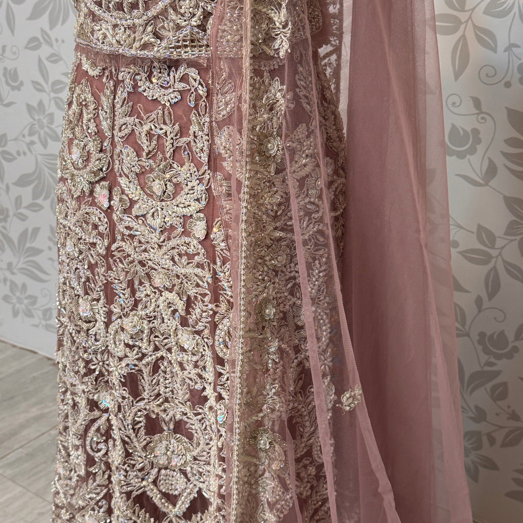 Bridal maxi for nikkah BM015 double inner view – dark tea pink net with dabka jewelry embroidery and structured inner Pakistan
