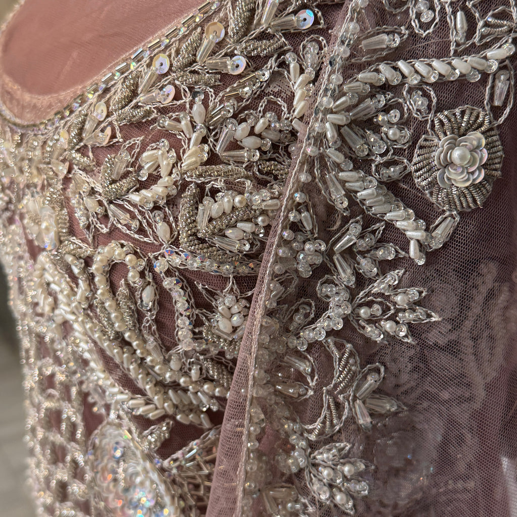 Bridal maxi for barat BM015 maxi close up – dabka jewelry hand work detail on dark tea pink net fabric
