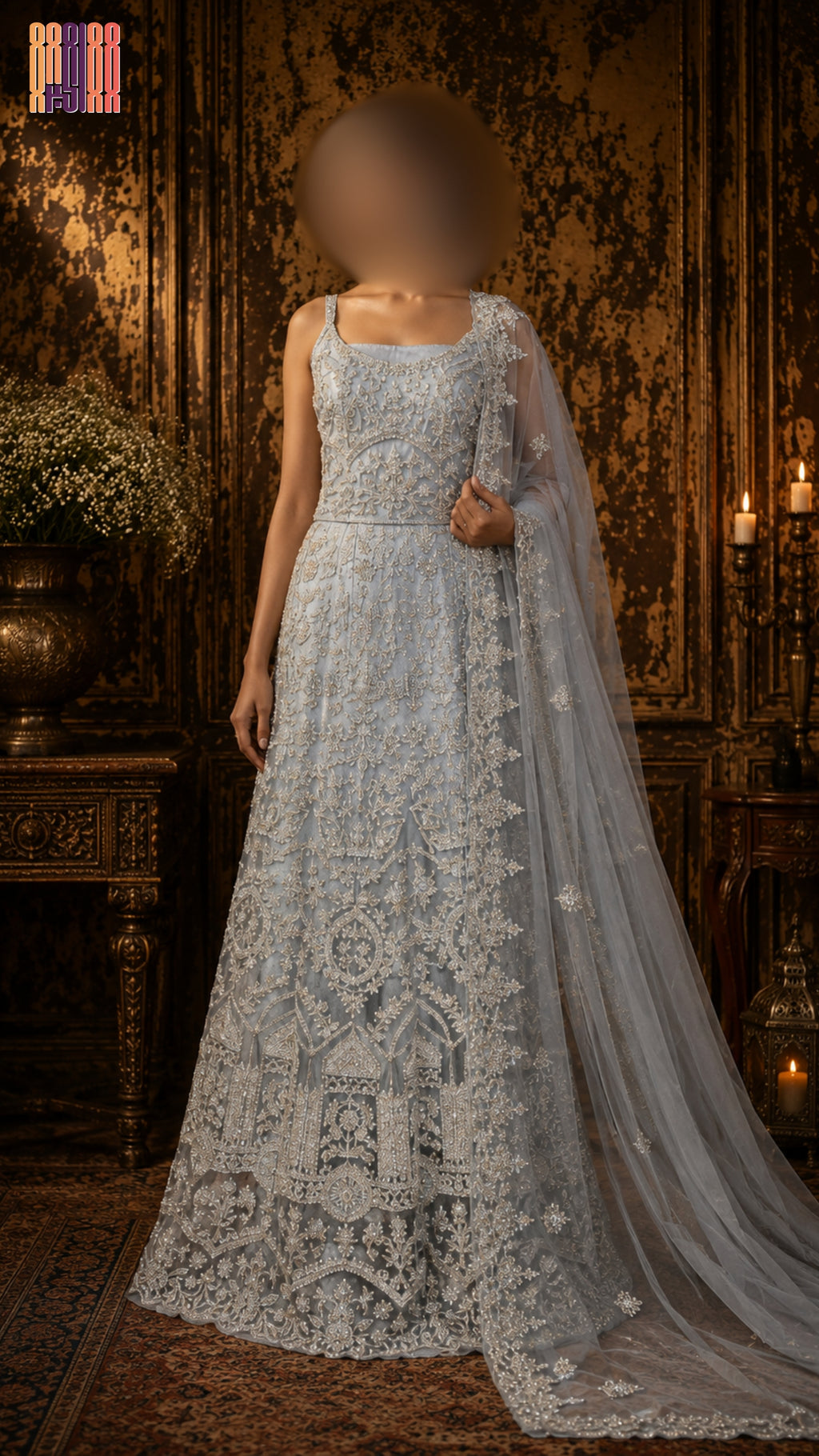 Bridal Maxi Hand Work Grey BM025 – Dakka Kora Jewelry Work Net Fabric Full View Pakistan

