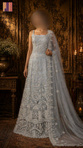 Bridal Maxi Hand Work Grey BM025 – Dakka Kora Jewelry Work Net Fabric Full View Pakistan

