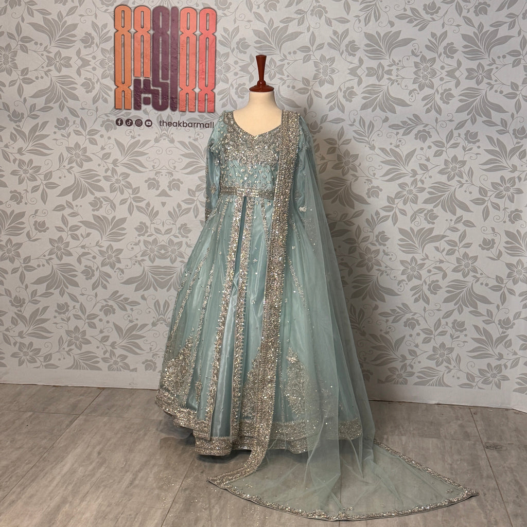 Bridal maxi for walima BM018 maxi view – ice blue net with kora nakshi and jewelry embroidery bridal Pakistan
